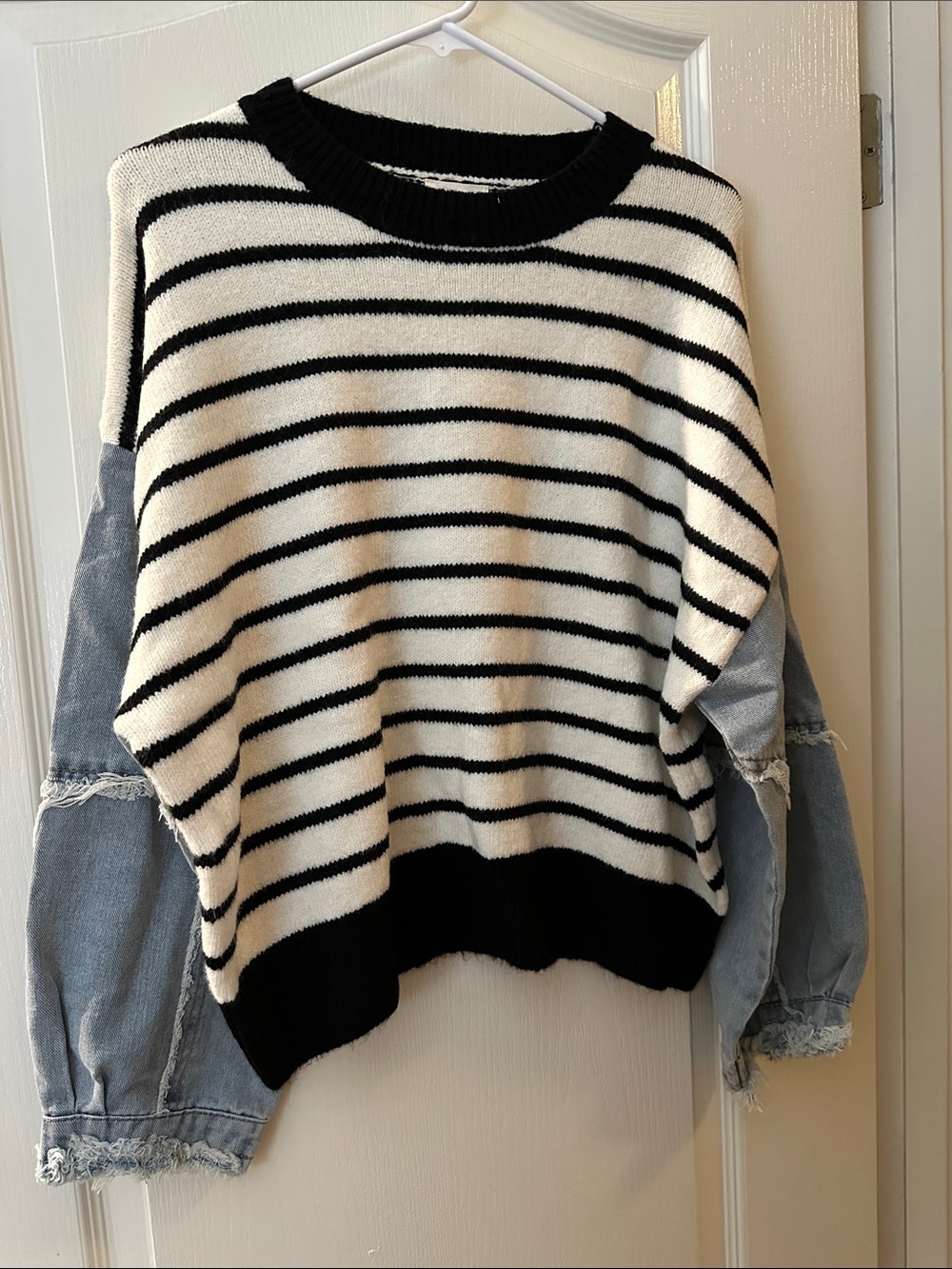 BiBi Black & White Striped Sweater with Denim-Style Sleeves